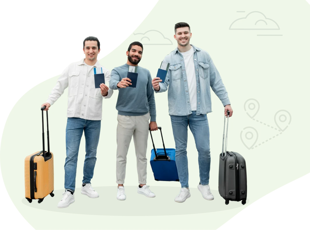Happy travellers holding passports and luggage