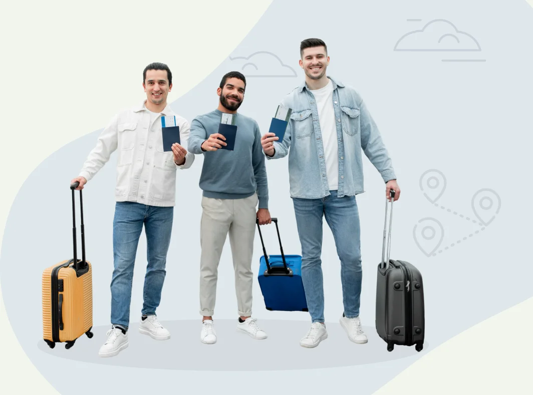 Happy travellers holding passports and luggage