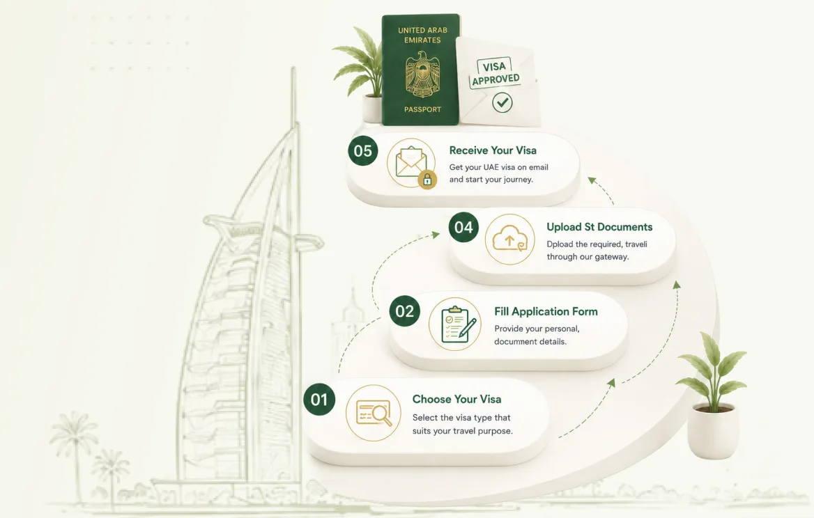Five easy steps to get your Dubai visa — choose your visa, fill the application form, upload documents, and receive your visa on email