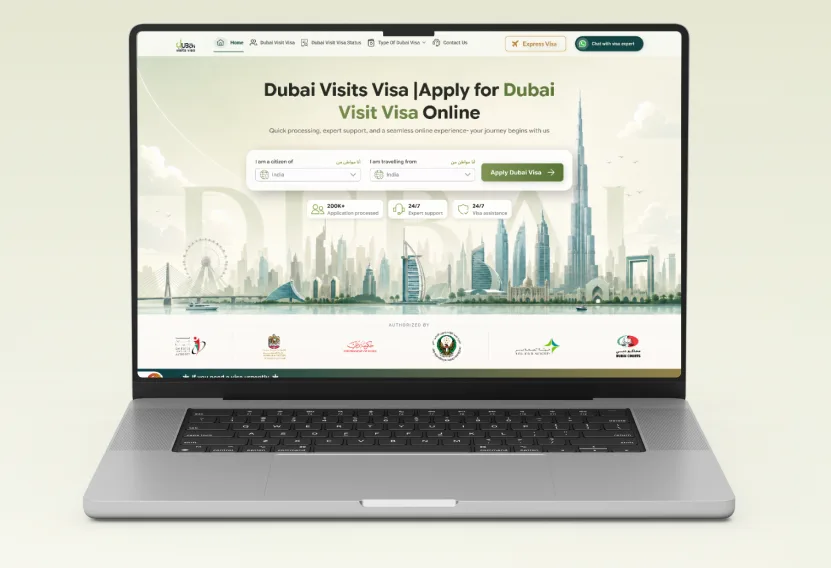 Laptop showing the Dubai Visits Visa homepage where you select your living and citizenship country