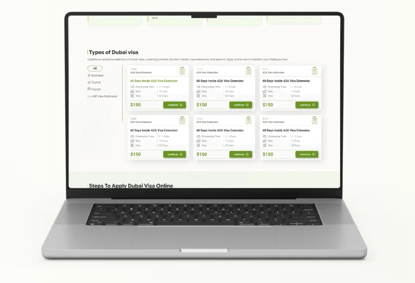 Laptop showing the visa type selection screen with tourist, transit and business visa options