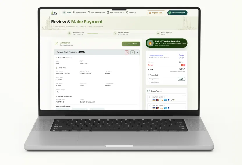 Laptop showing the review and payment screen for paying your Dubai visa fee securely online