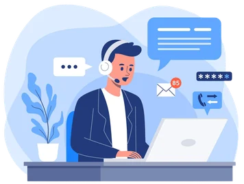 Illustration of a support agent with a headset at a laptop with chat bubbles